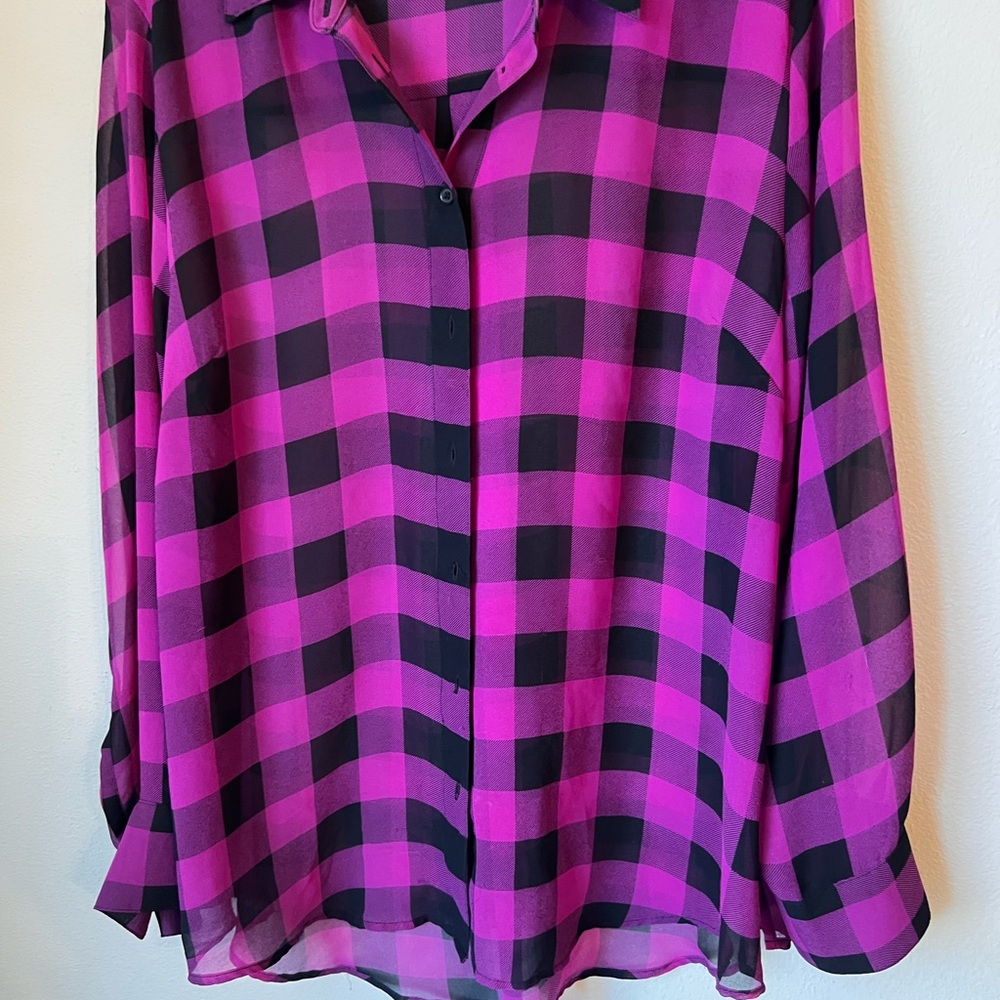 Lane Bryant Vibrant Pink and Black Plaid Blouse